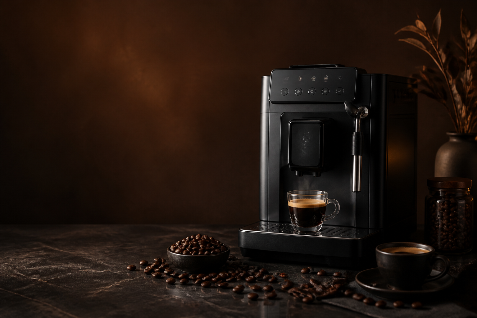 Coffee machine, espresso and roasted beans